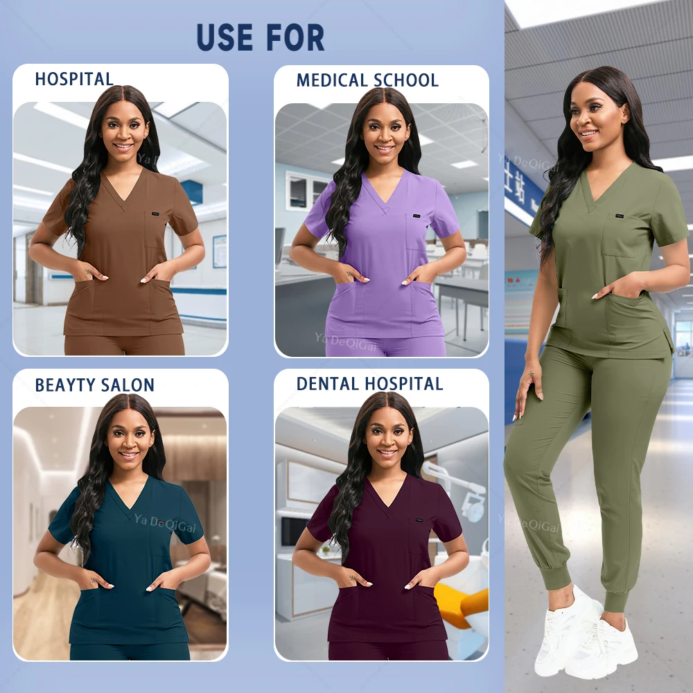 Stretch Scrubs Women Set Nursing Uniforms Clinical Scrubs Set Nurse Doctor Dustproof Workwear Medical Scrubs Top+ Jogger Pants thumbnail 3