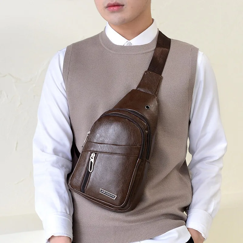 New PU Leather Chest Bag Men Travel Crossbody Bag Business Black Chest Pack Casual Sling Bag Male Shoulder Messenger Bag thumbnail 3