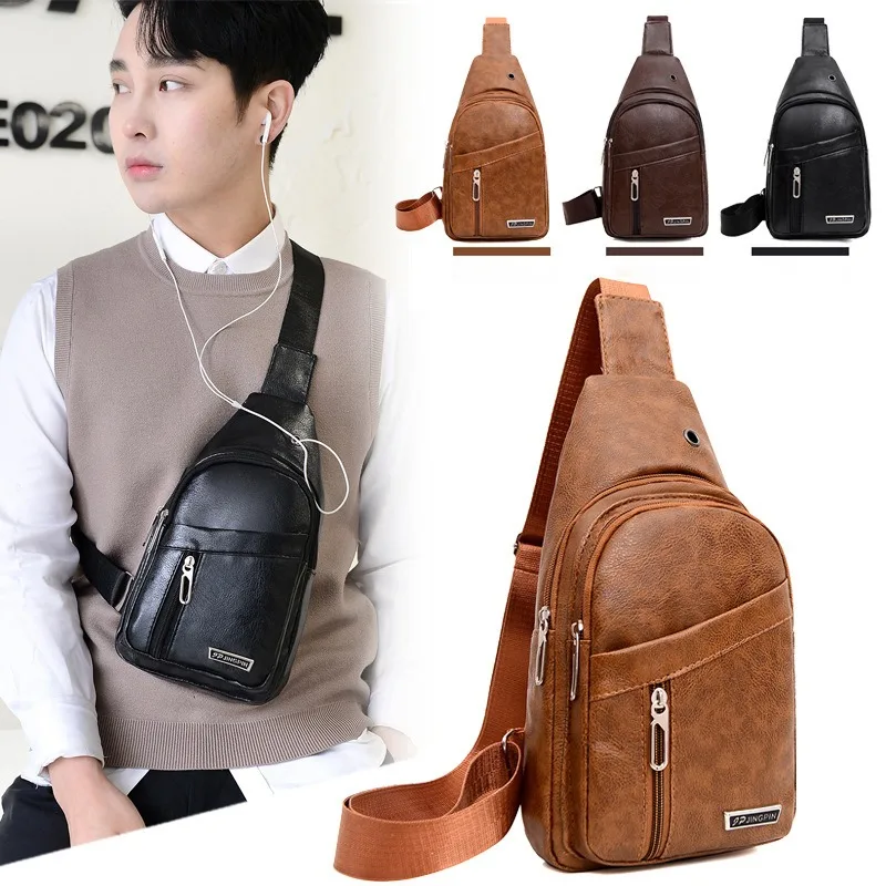 New PU Leather Chest Bag Men Travel Crossbody Bag Business Black Chest Pack Casual Sling Bag Male Shoulder Messenger Bag