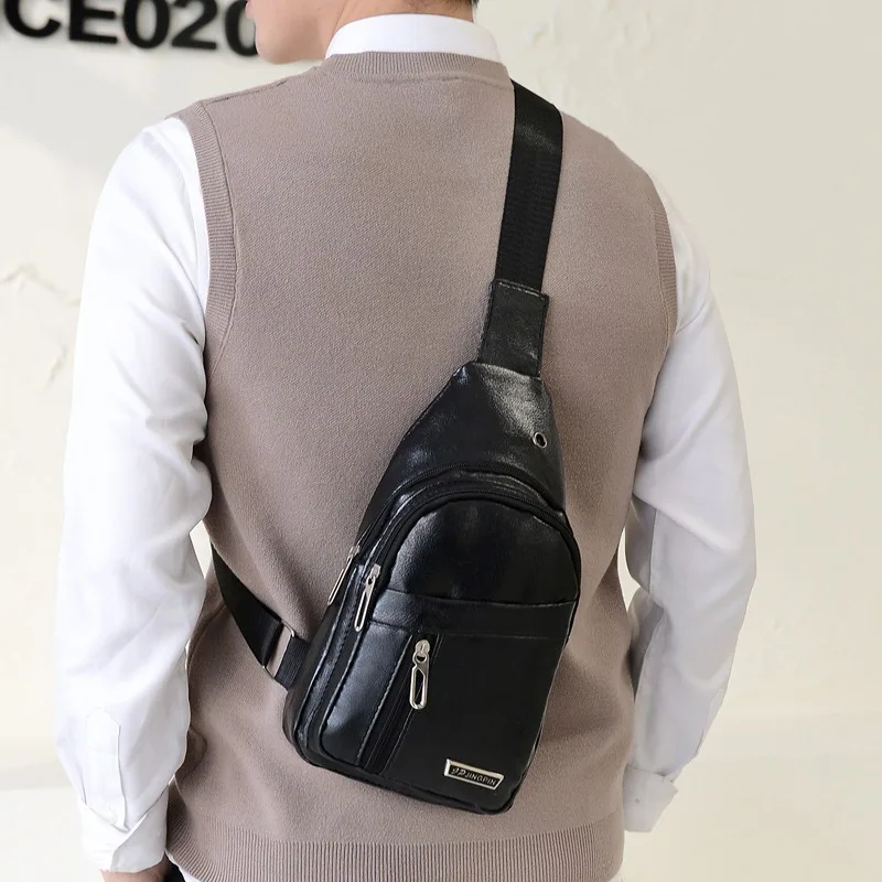 New PU Leather Chest Bag Men Travel Crossbody Bag Business Black Chest Pack Casual Sling Bag Male Shoulder Messenger Bag thumbnail 4