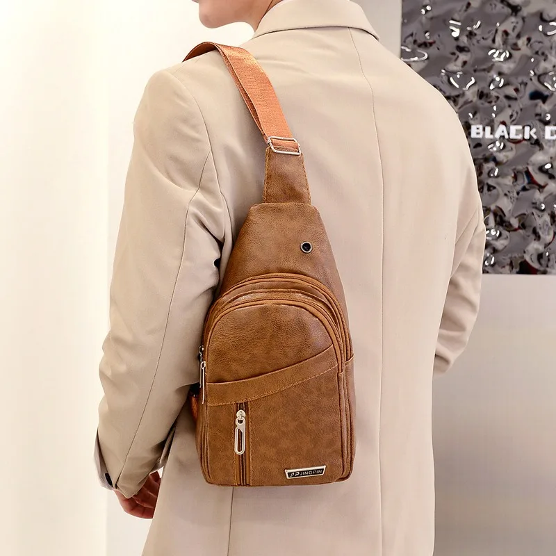 New PU Leather Chest Bag Men Travel Crossbody Bag Business Black Chest Pack Casual Sling Bag Male Shoulder Messenger Bag thumbnail 2