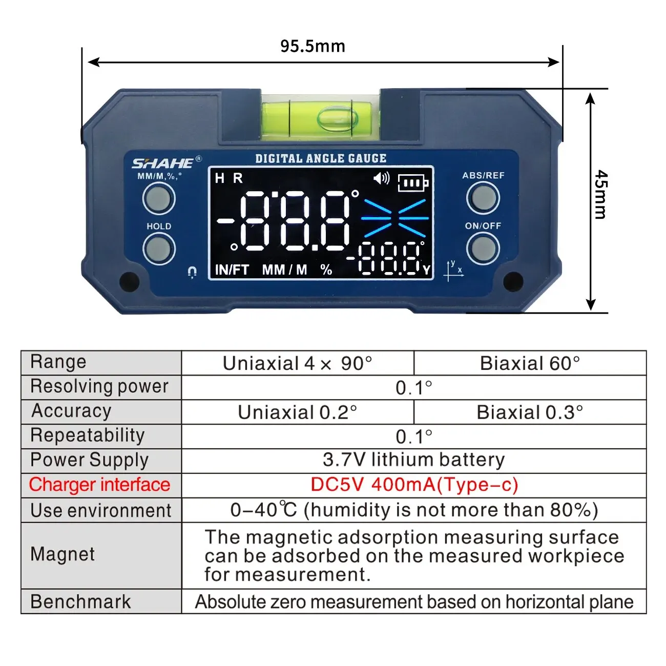SHAHE MINI Magnetic Level Gauge Inclinometer Rechargable Angle Protractor Dual Axis Digital Angle Finder With Level Bubble thumbnail 2