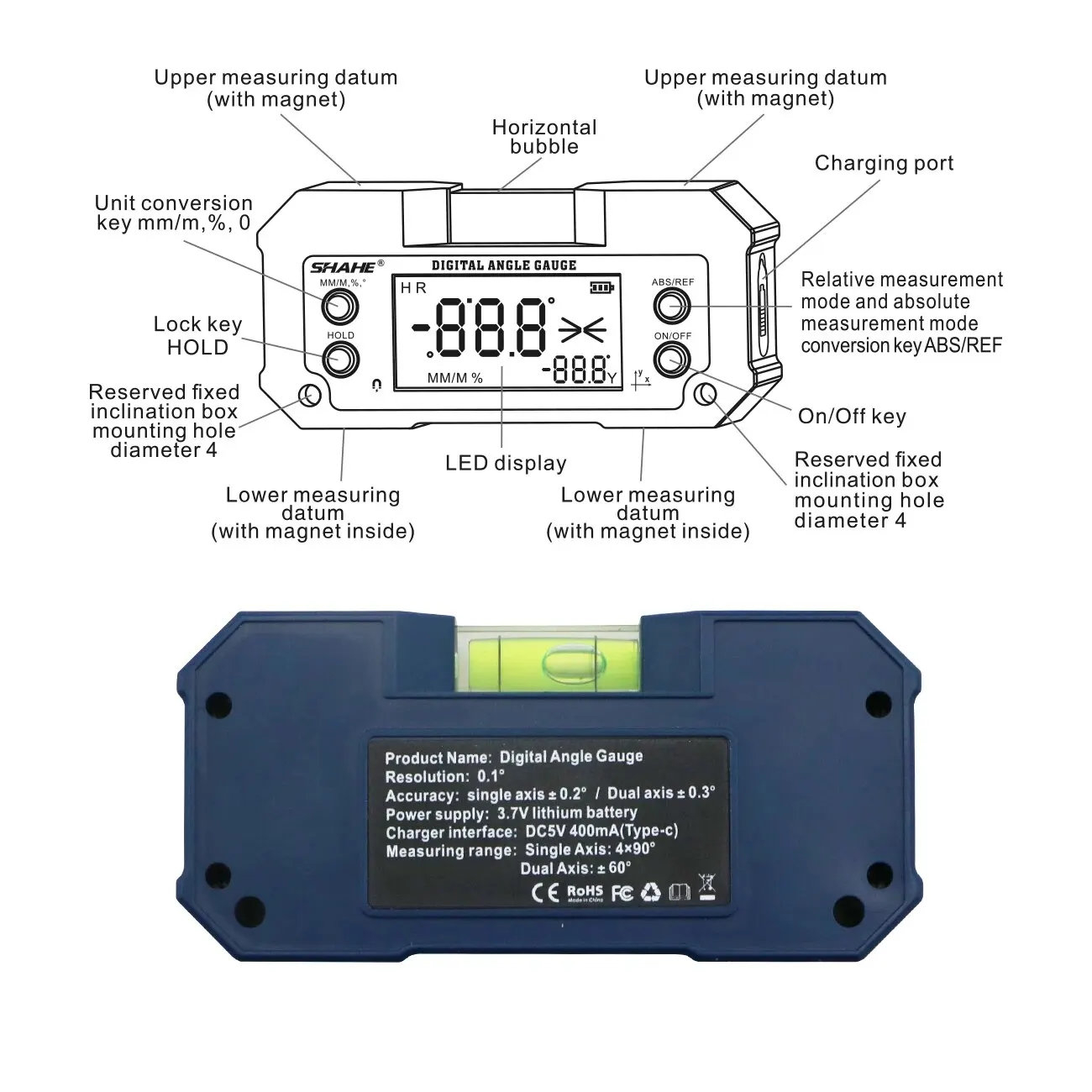 SHAHE MINI Magnetic Level Gauge Inclinometer Rechargable Angle Protractor Dual Axis Digital Angle Finder With Level Bubble thumbnail 3