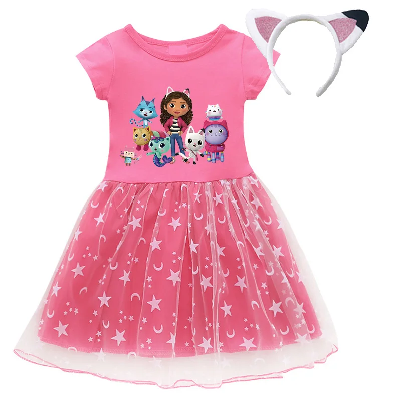 2024 New Summer Cartoon Gabby Cats Dresses Baby Girls Princess Dress Bag Headband Kids Gabby's Dollhouse Cosplay Costume thumbnail 5