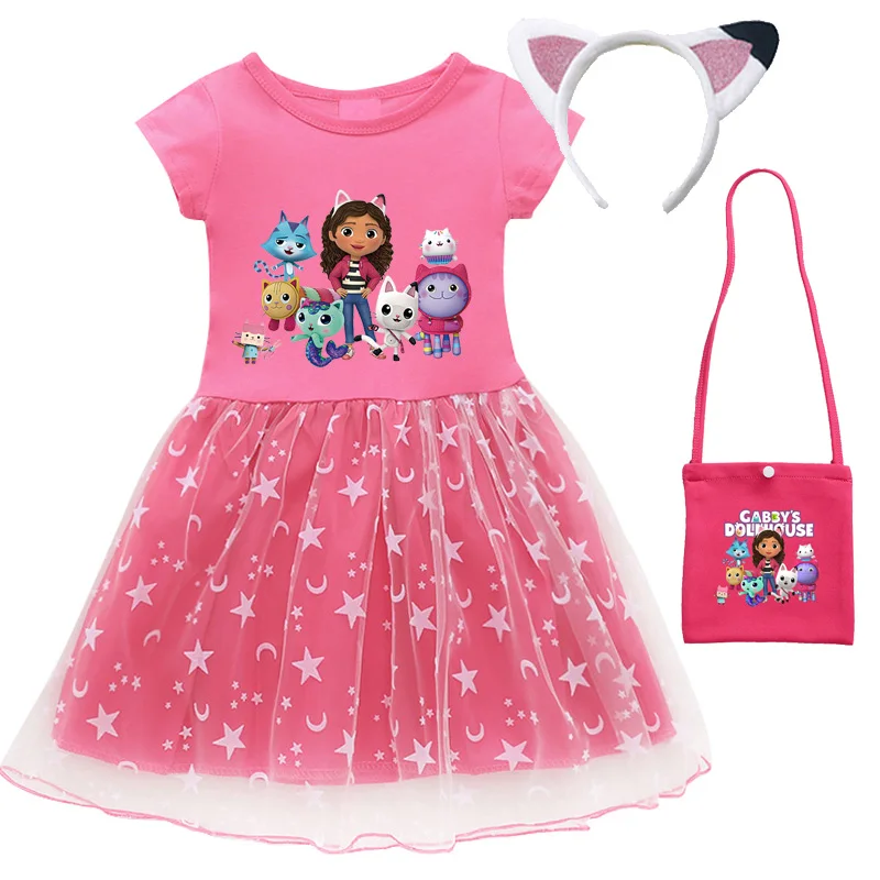 2024 New Summer Cartoon Gabby Cats Dresses Baby Girls Princess Dress Bag Headband Kids Gabby's Dollhouse Cosplay Costume thumbnail 2
