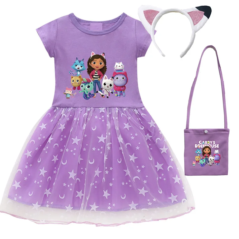 2024 New Summer Cartoon Gabby Cats Dresses Baby Girls Princess Dress Bag Headband Kids Gabby's Dollhouse Cosplay Costume thumbnail 3