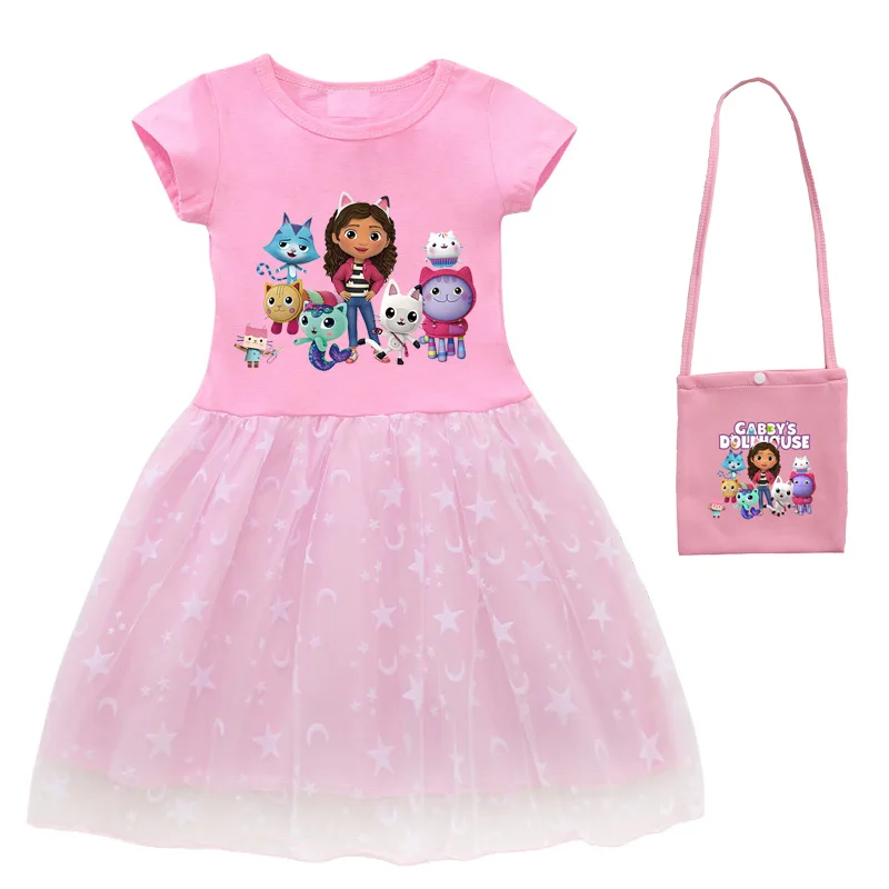 2024 New Summer Cartoon Gabby Cats Dresses Baby Girls Princess Dress Bag Headband Kids Gabby's Dollhouse Cosplay Costume thumbnail 4