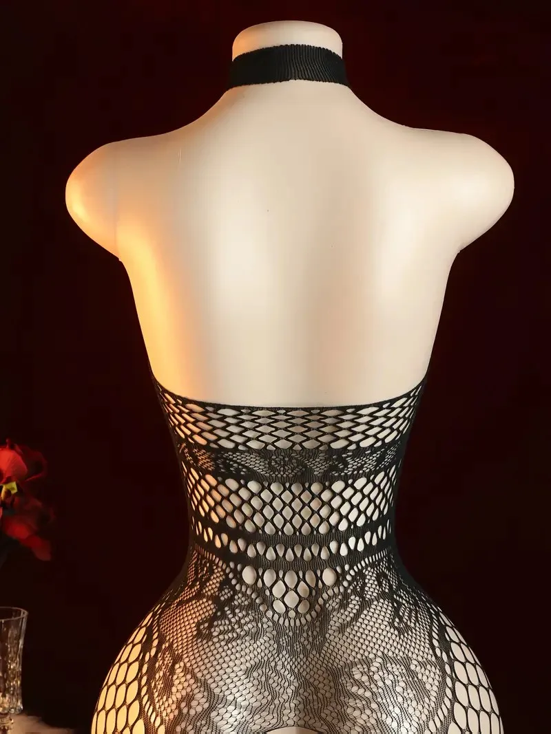 Sexy Hang Neck Backless Lingerie Women Mesh Lace Transparent Babydoll Dress One-Piece Erotic Costumes Open Crotch Bodystockings thumbnail 5