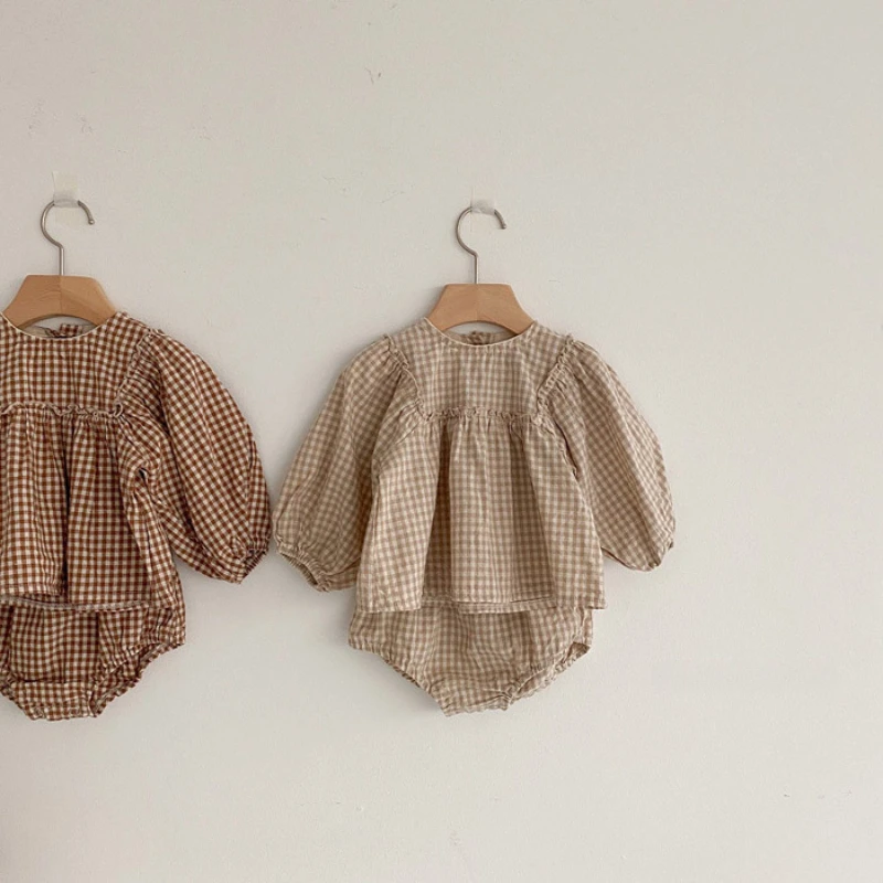 Spring Toddler Baby Girls Set Cotton Plaid Blouse and Shorts Sets for Kids Infant Outfits thumbnail 4