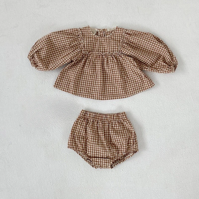 Spring Toddler Baby Girls Set Cotton Plaid Blouse and Shorts Sets for Kids Infant Outfits thumbnail 2