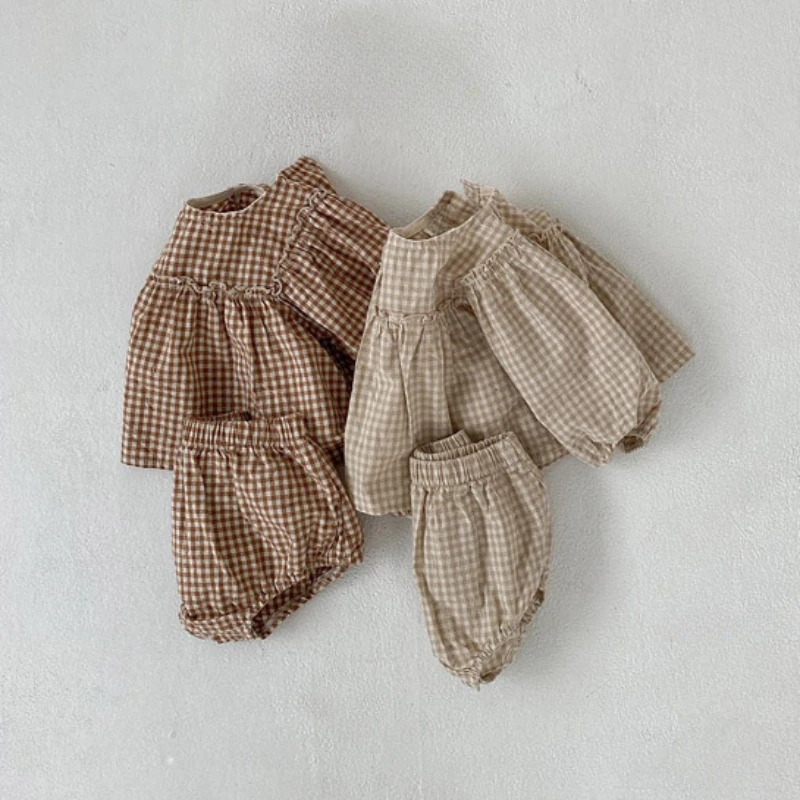Spring Toddler Baby Girls Set Cotton Plaid Blouse and Shorts Sets for Kids Infant Outfits thumbnail 6