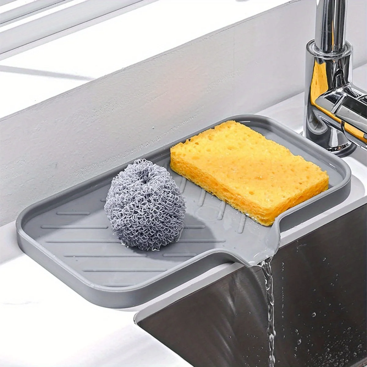 Sink Silicone Tray With Drain Soap Sponge Storage Holder Countertop Sink Scrubber Brush Soap Storage Rack Kitchen Organizer thumbnail 3