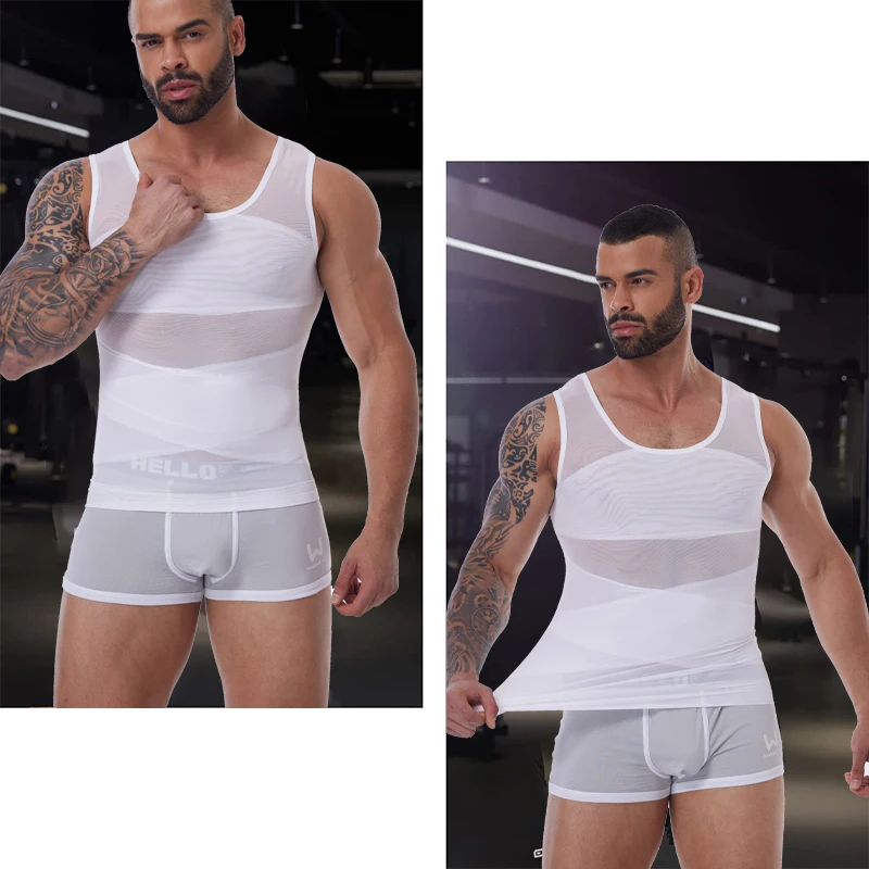 Mens Slimming Body Shaper Vest Gynecomastia Compression Shirts Tummy Control Sleeveless Undershirts Criss Cross Mesh Underwear thumbnail 2