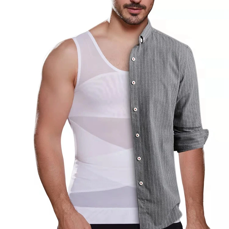 Mens Slimming Body Shaper Vest Gynecomastia Compression Shirts Tummy Control Sleeveless Undershirts Criss Cross Mesh Underwear thumbnail 3