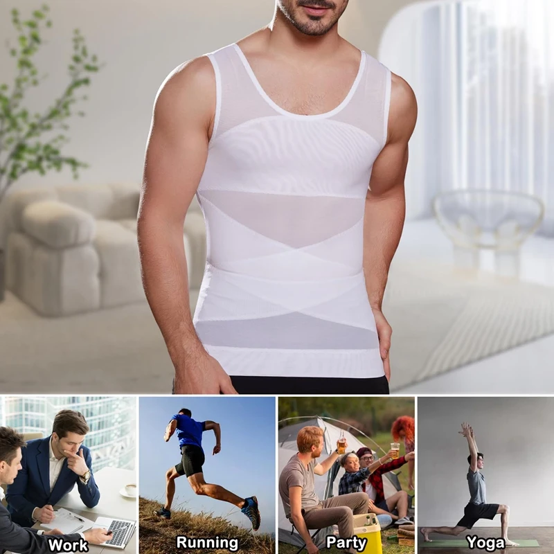 Mens Slimming Body Shaper Vest Gynecomastia Compression Shirts Tummy Control Sleeveless Undershirts Criss Cross Mesh Underwear thumbnail 5