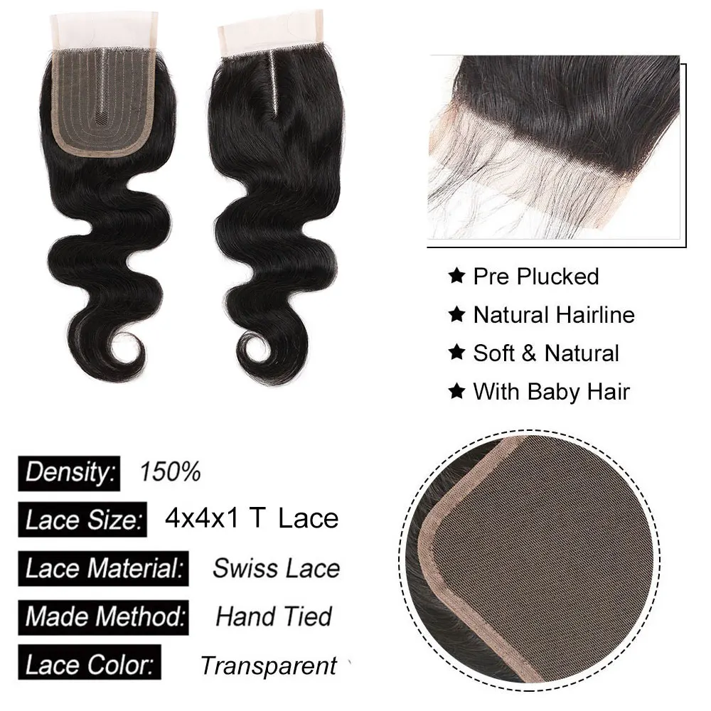 4x4x1 T Lace Body Wave Closure Human Hair  Middle Part Body Wave Human Hair Closure for Women  Preplucked Cheap Hairpieces thumbnail 4