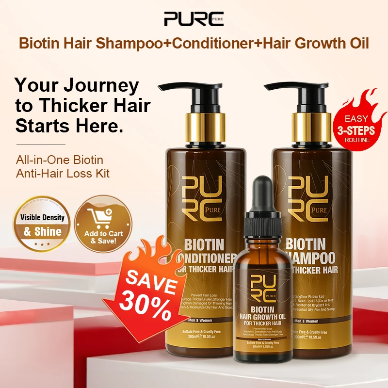 PURC Biotin Hair Growth Oil Shampoo Conditioner Sets Keratin Smoothing Hair Loss Treatment for Men Women Hair Care Products