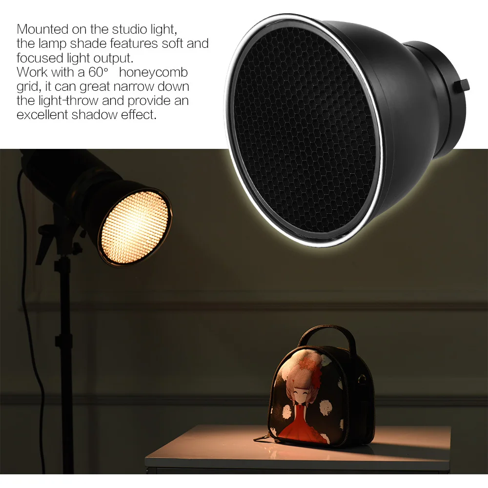 Andoer 7” Standard Reflector Diffuser Lamp Shade Dish w/ 60° Honeycomb Grid for Bowens Mount Studio Strobe Flash Light Speedlite thumbnail 5