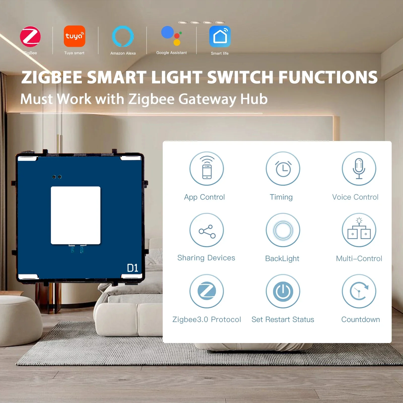Zigbee Smart Light Switches Function Parts Need Neutral 2/3/4 Gold Glass Touch Panels EU Power USB Socket Thermostat DIY Module thumbnail 2