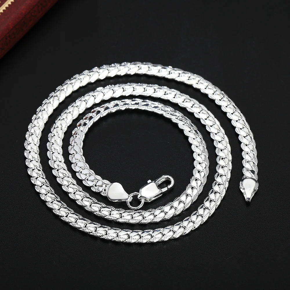 925 Sterling Silver Christmas Gifts European Style 6MM Flat Chain Necklace Bracelets Fashion for Man Women Jewelry Sets S085 thumbnail 3