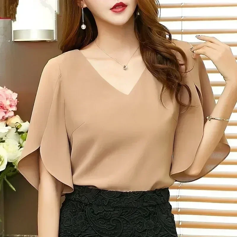Women Chiffon Short Sleeve Shirt Sexy V-neck Loose Ruffled Chiffon Blouse. thumbnail 2