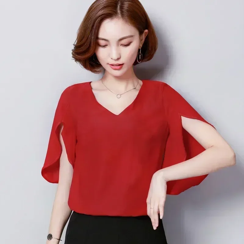 Women Chiffon Short Sleeve Shirt Sexy V-neck Loose Ruffled Chiffon Blouse. thumbnail 5