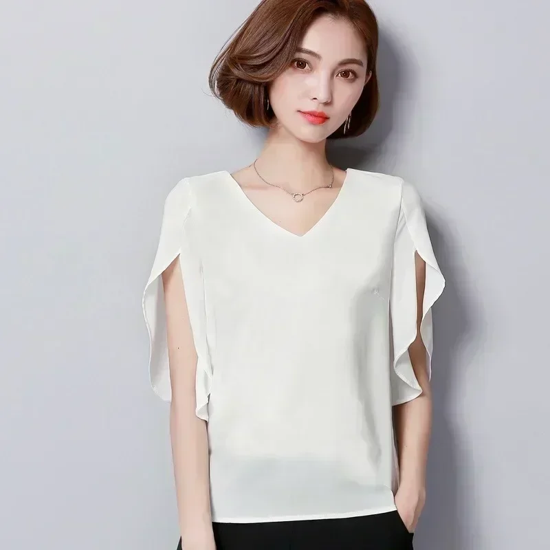 Women Chiffon Short Sleeve Shirt Sexy V-neck Loose Ruffled Chiffon Blouse. thumbnail 6
