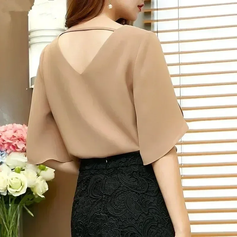 Women Chiffon Short Sleeve Shirt Sexy V-neck Loose Ruffled Chiffon Blouse. thumbnail 3