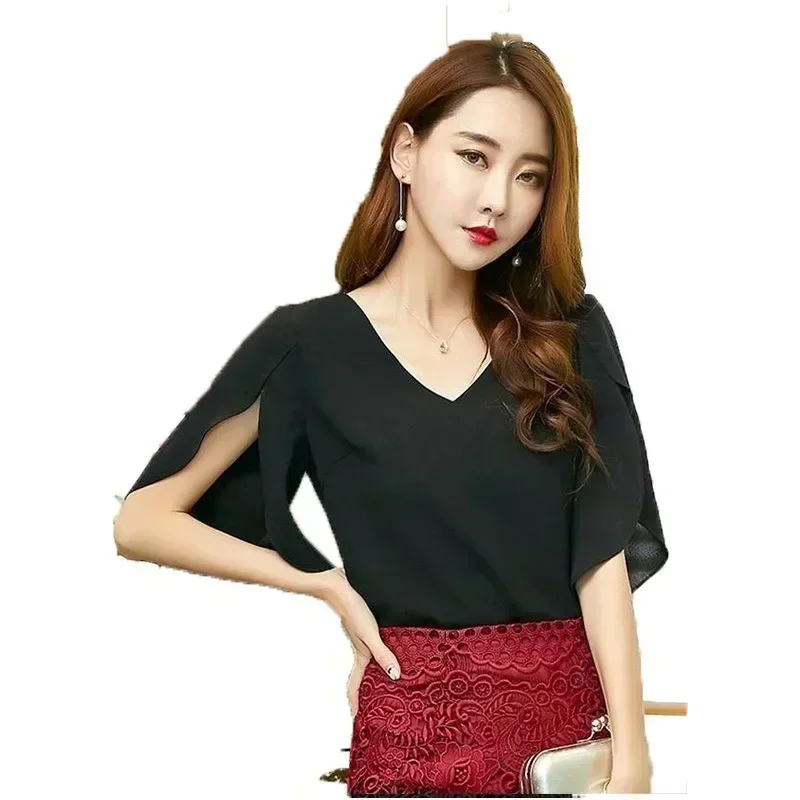 Women Chiffon Short Sleeve Shirt Sexy V-neck Loose Ruffled Chiffon Blouse. thumbnail 4