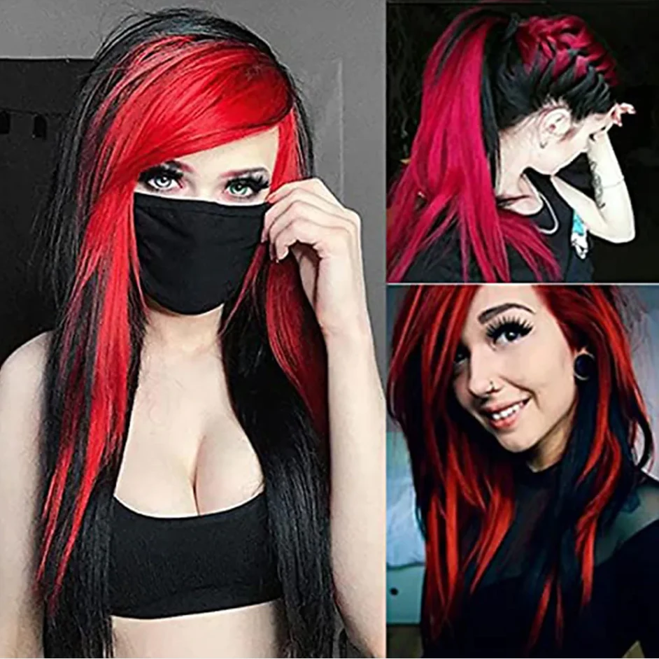 HAIRJOY Synthetic Hair Long Red Black Straight  Heat Resistant Side Bangs Halloween Costume Women Wig thumbnail 2