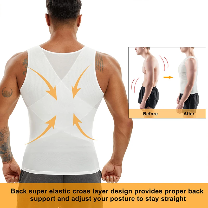 Compression Shirt for Men Slimming Undershirt Body Shaper Tank Top Gynomastica Sleeveless Shapewear Vest Mesh Cross Suit 3XL thumbnail 3