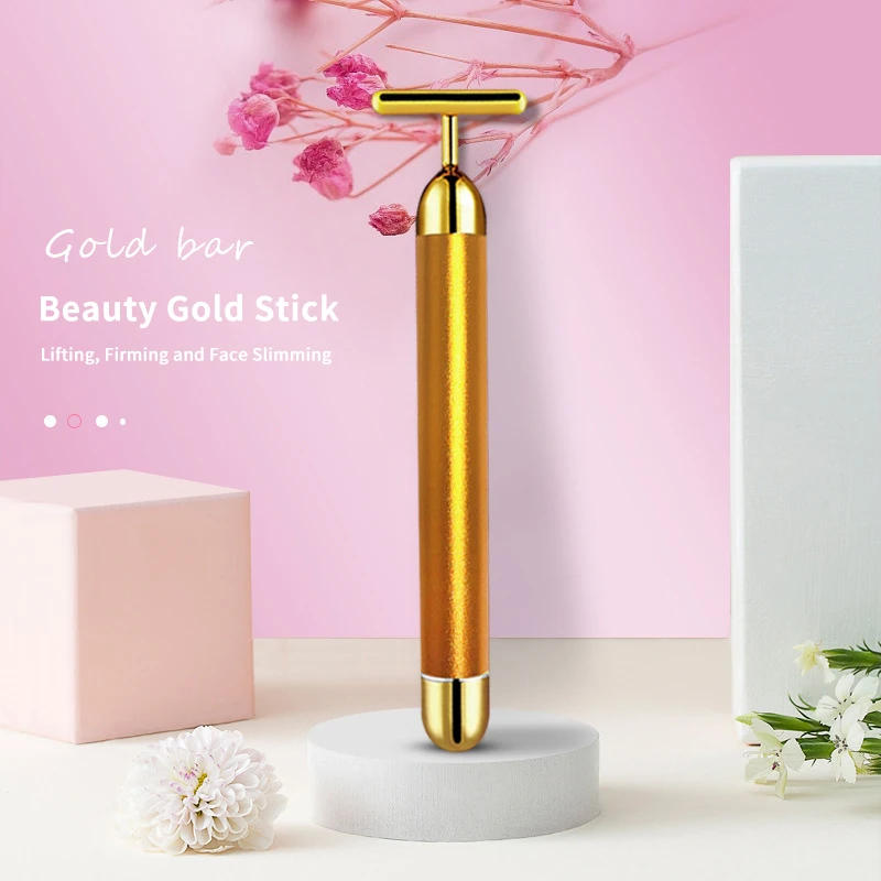 T-Shape Facial Massager Vibrating Beauty Bar 24K Electric Face Slimming Rod Golden Stick Tightening Skin Electric Massage Roller thumbnail 3