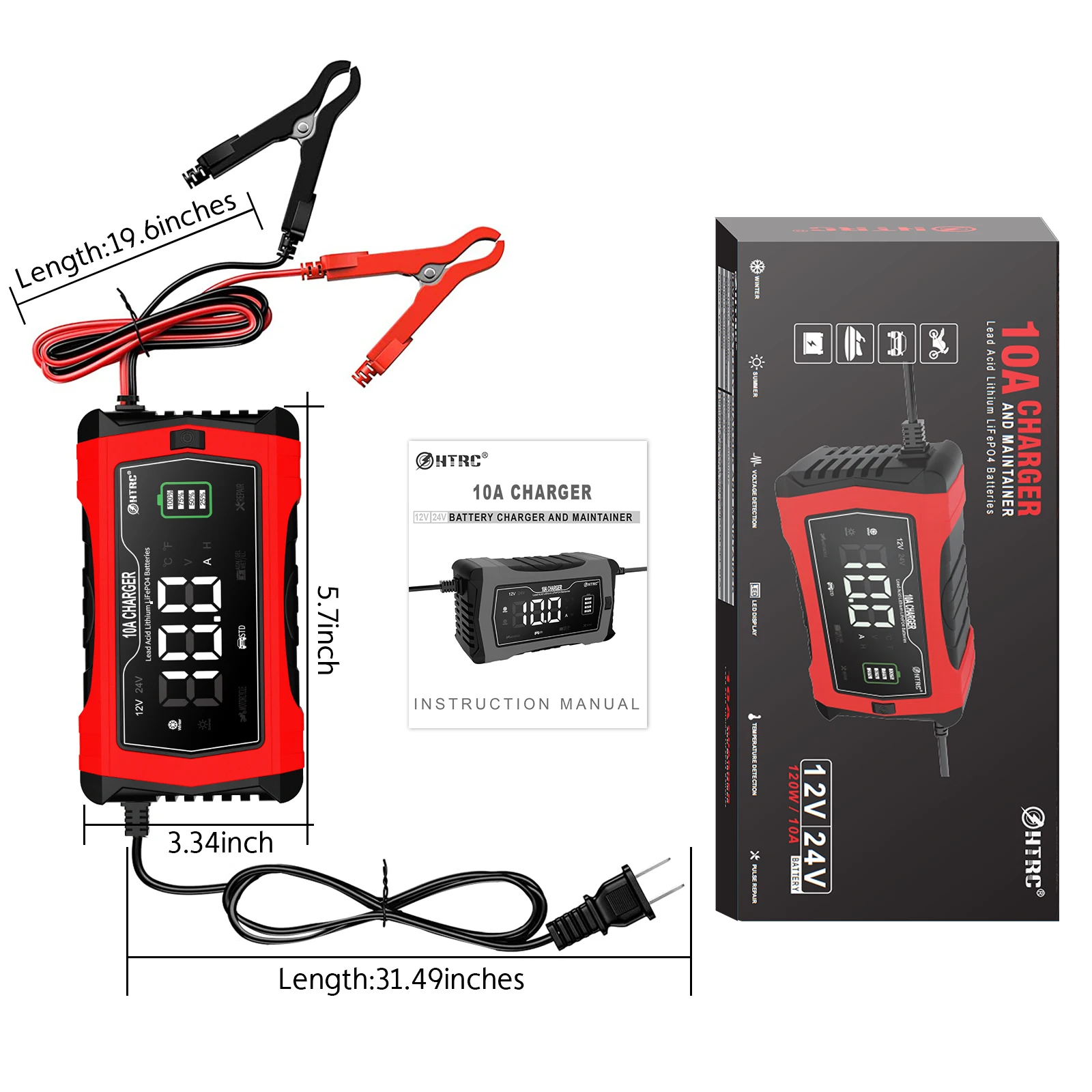 HTRC 10A/16A Battery Charger For Lithium LiFePO4 AGM GEL Lead-Acid Battery 12V 24V Car Motorcycle Battery Charger thumbnail 6