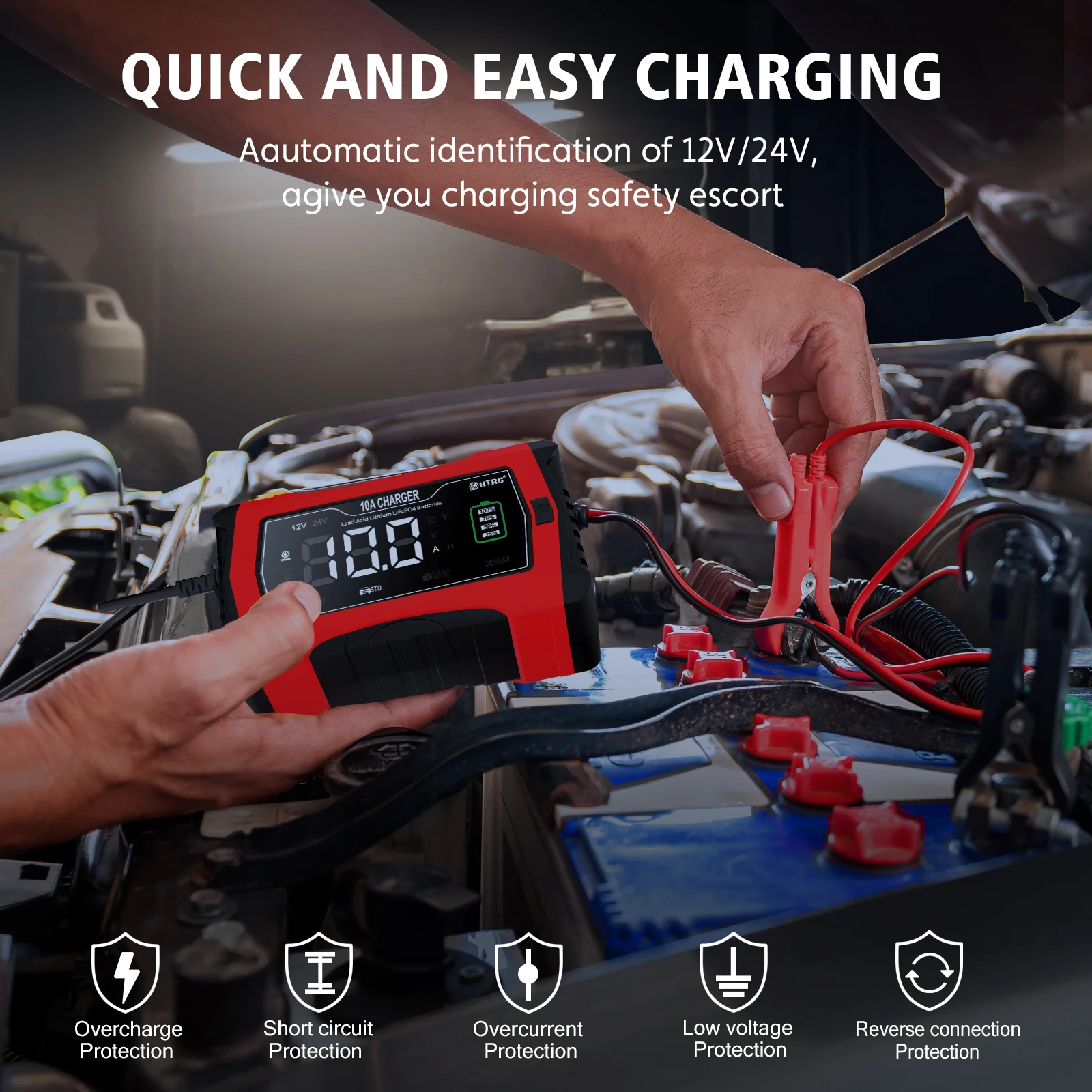 HTRC 10A/16A Battery Charger For Lithium LiFePO4 AGM GEL Lead-Acid Battery 12V 24V Car Motorcycle Battery Charger thumbnail 5