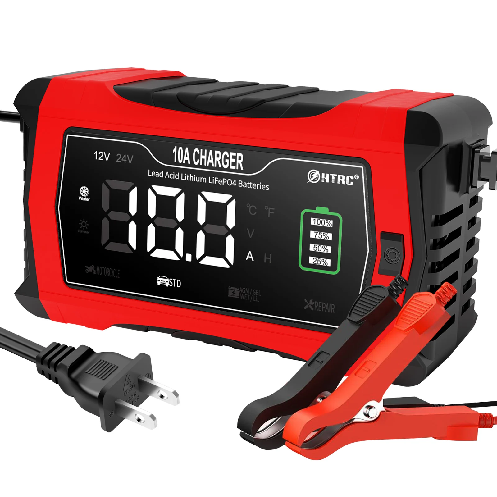 HTRC 10A/16A Battery Charger For Lithium LiFePO4 AGM GEL Lead-Acid Battery 12V 24V Car Motorcycle Battery Charger