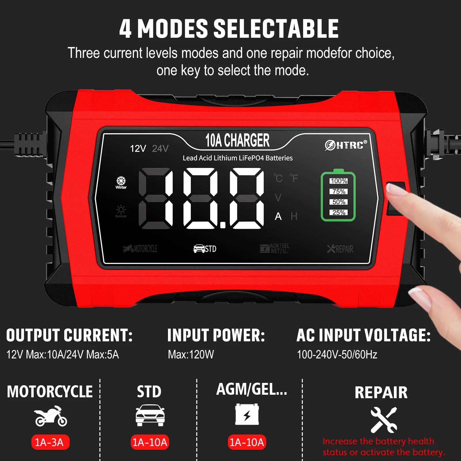 HTRC 10A/16A Battery Charger For Lithium LiFePO4 AGM GEL Lead-Acid Battery 12V 24V Car Motorcycle Battery Charger thumbnail 3