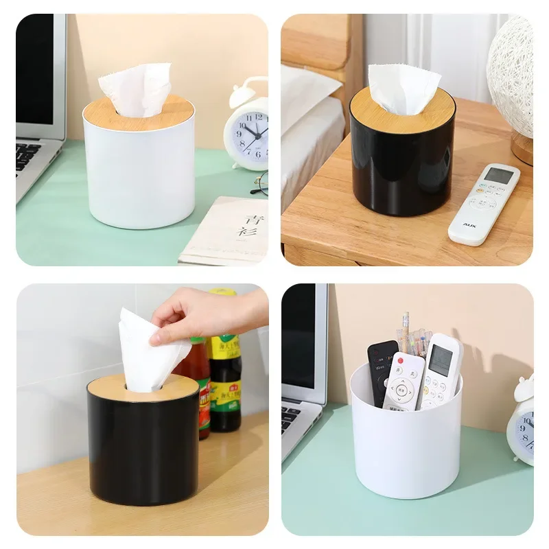 Circular Bamboo and Wood Tissue Box Creative Minimalist Living Room Home Paper Drawer Napkin Box Remote Control Storage Box Roll thumbnail 4