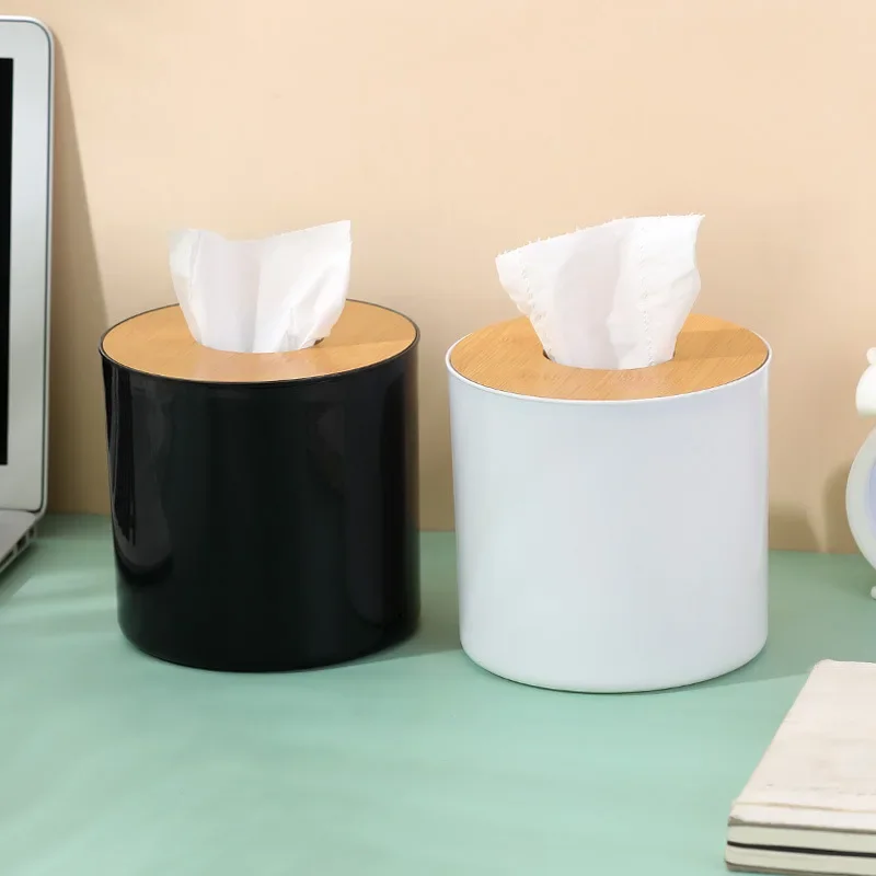 Circular Bamboo and Wood Tissue Box Creative Minimalist Living Room Home Paper Drawer Napkin Box Remote Control Storage Box Roll thumbnail 2