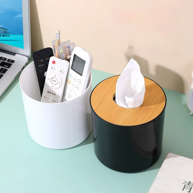 Circular Bamboo and Wood Tissue Box Creative Minimalist Living Room Home Paper Drawer Napkin Box Remote Control Storage Box Roll thumbnail 3