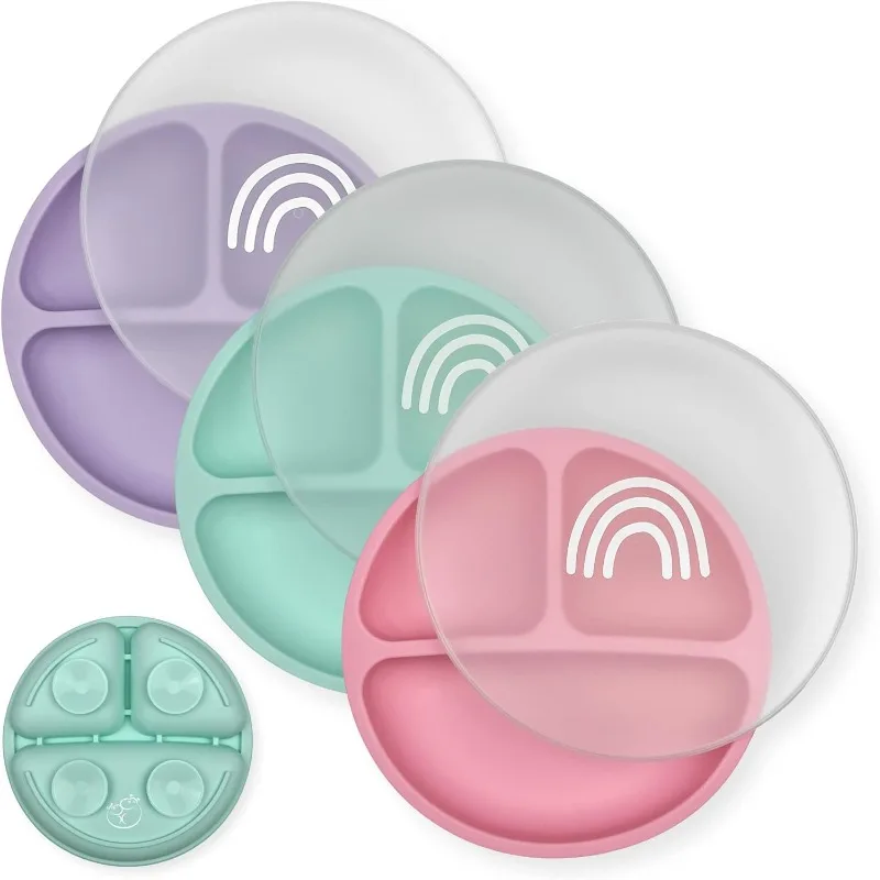 Suction Plates with Lids for Toddler Infant Silicone Baby Feeding Plate BPA Free Divided Children Dishes Baby Complementary Bowl