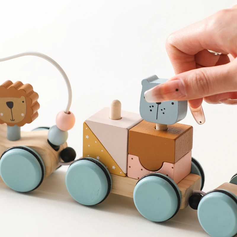 Wooden Montessori Toys Animal Block Dragging Stars Moon Surround Train  Hand Coordination Stacking Toy Handmade Decoration Gifts thumbnail 5