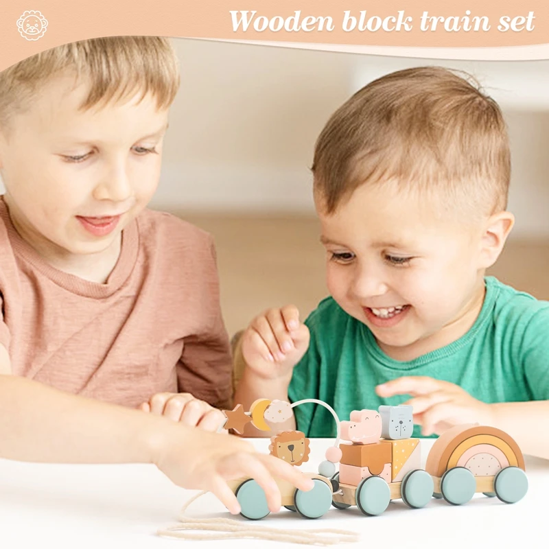 Wooden Montessori Toys Animal Block Dragging Stars Moon Surround Train  Hand Coordination Stacking Toy Handmade Decoration Gifts thumbnail 6