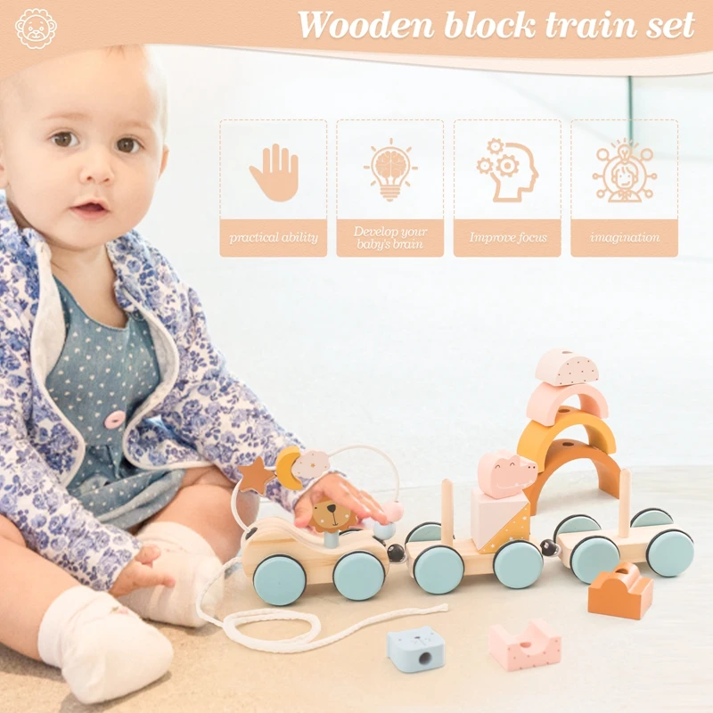 Wooden Montessori Toys Animal Block Dragging Stars Moon Surround Train  Hand Coordination Stacking Toy Handmade Decoration Gifts thumbnail 2