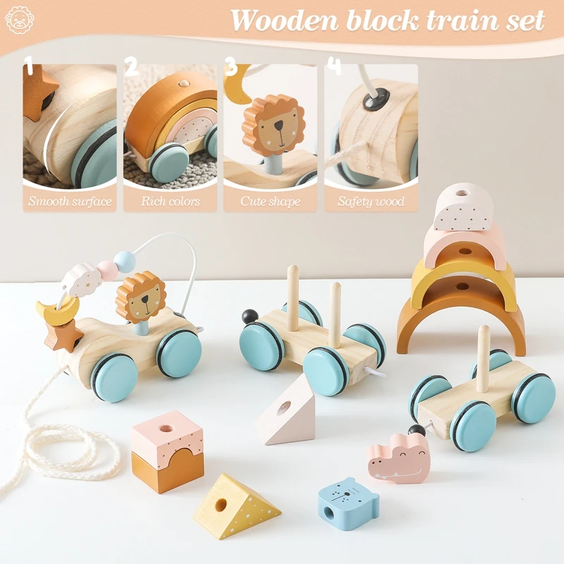 Wooden Montessori Toys Animal Block Dragging Stars Moon Surround Train  Hand Coordination Stacking Toy Handmade Decoration Gifts thumbnail 3