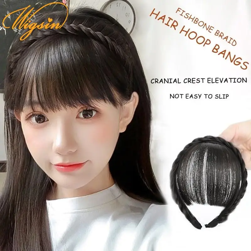 New Hair Accessories Synthetic Headband Air Bangs Wigs With Braids Heat Resistance Clip in Hair Extensions Hairpieces for Women thumbnail 6