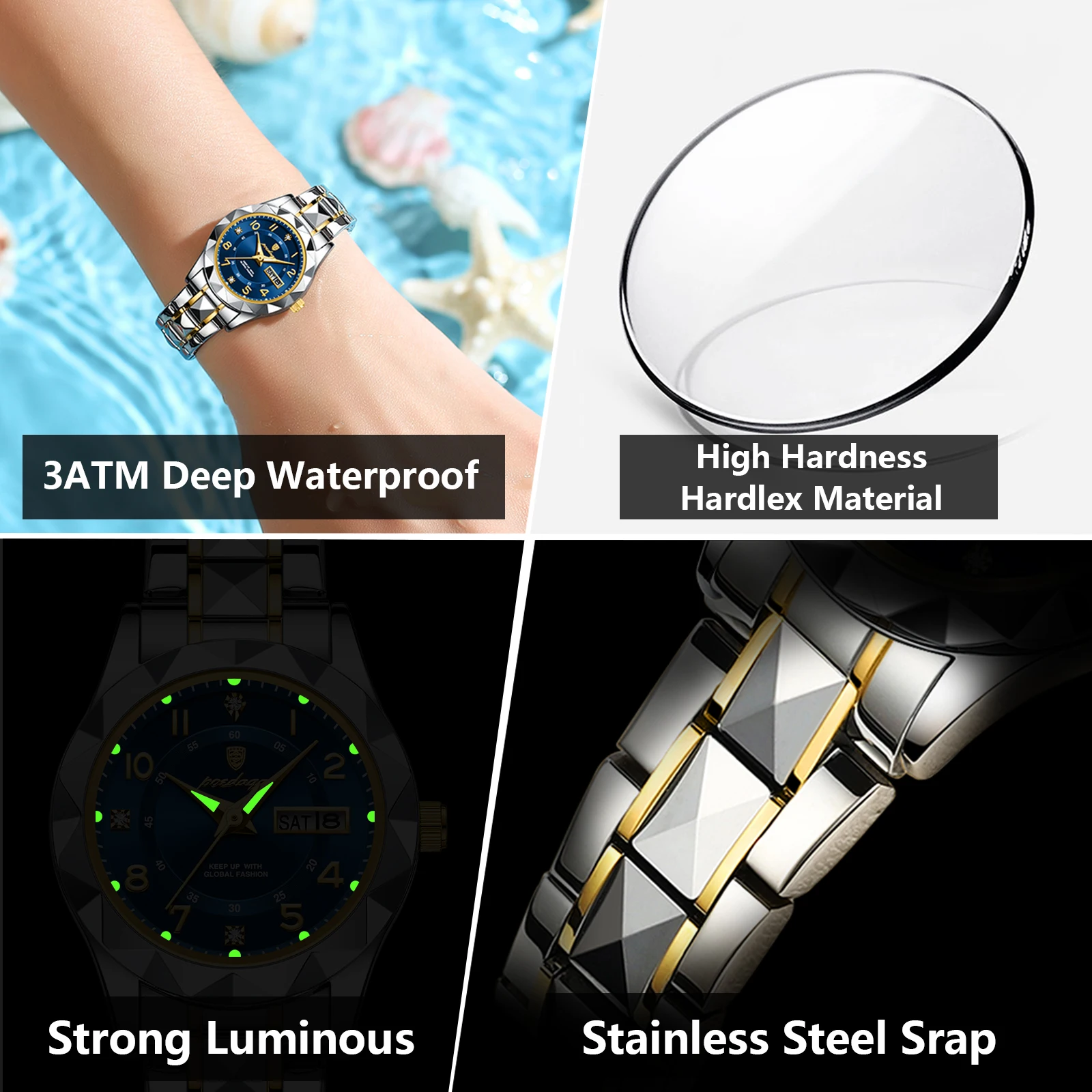 POEDAGAR Luxury Women's Watches Waterproof Luminous Date Week Ladies Watch for Female Quartz Stainless Steel Dress Women Watch thumbnail 4