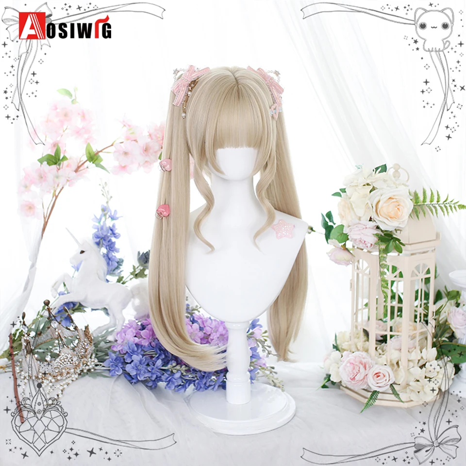 AOSI Blonde Twin Ponytail Princess Cut Natural Short Hair Synthetic Wigs With Bangs For Women Heat Resistant Cosplay Lolita Hair thumbnail 4