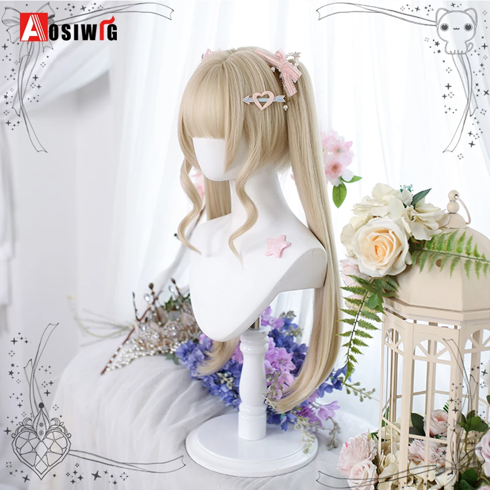 AOSI Blonde Twin Ponytail Princess Cut Natural Short Hair Synthetic Wigs With Bangs For Women Heat Resistant Cosplay Lolita Hair thumbnail 3