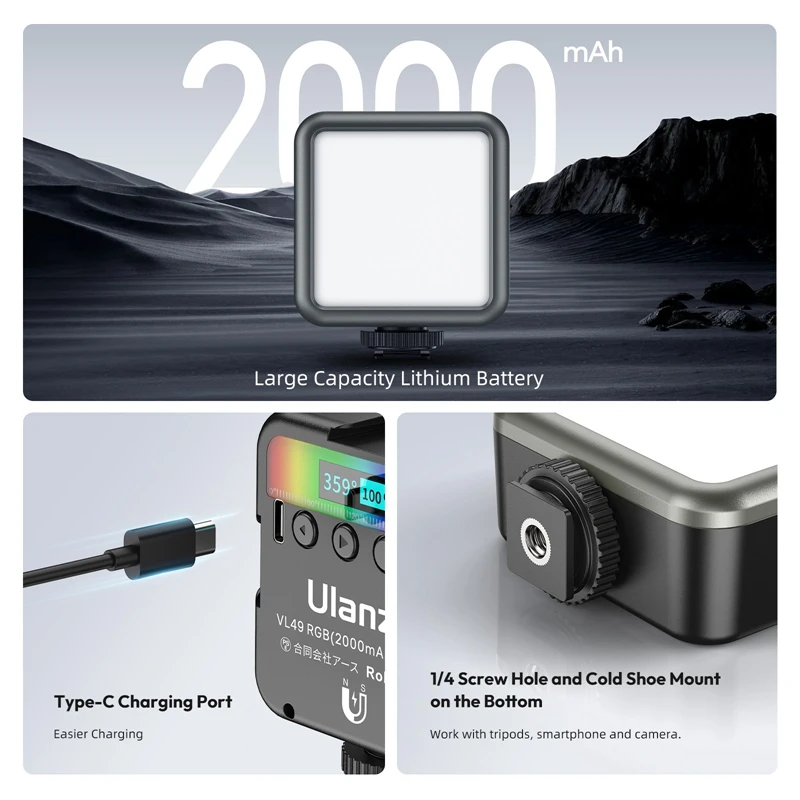 Ulanzi VL49 RGB Video Lights Mini LED Camera Light 2000mAh Rechargable LED Panel Lamp Photo Video Lighting for Youtube Tik tok thumbnail 5
