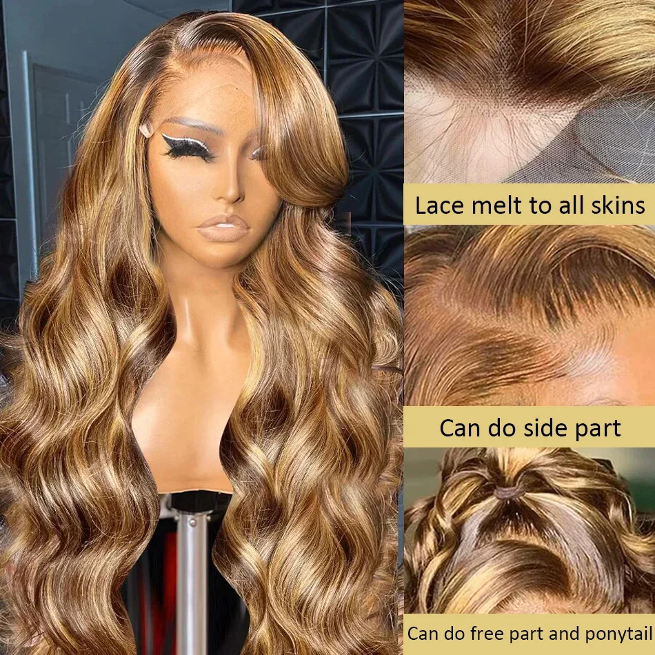 Highlight Wig 13x6 Hd Lace Frontal Wig Honey Blonde Body Wave Lace Front Human Hair Wigs For Women 30 inch 360 HD Full Lace Wig thumbnail 4